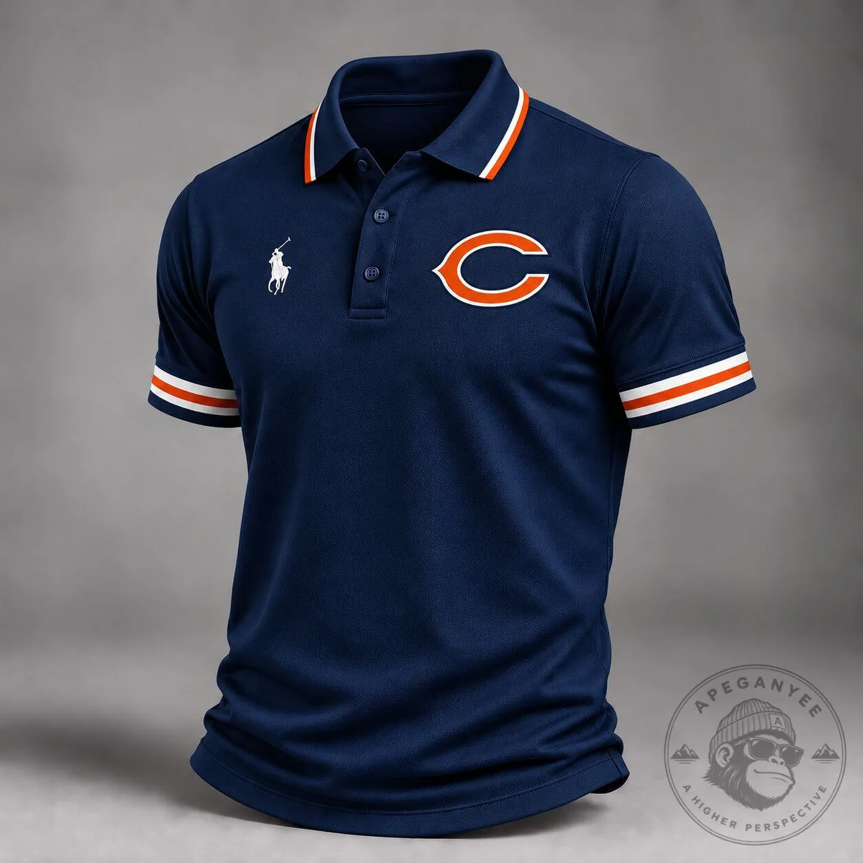 Chicago Bears NFL Football Team Navy Blue Striped Collar Polo Shirt