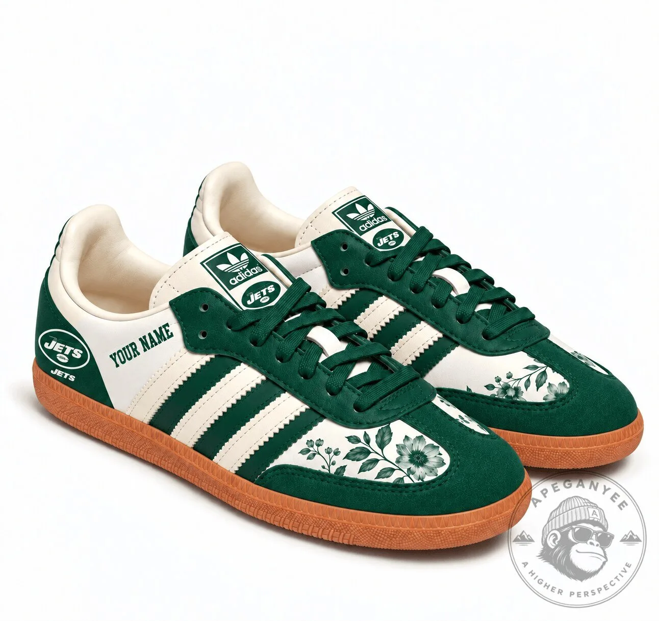New York Jets Custom Name Floral Pattern Green and White Samba Shoes
