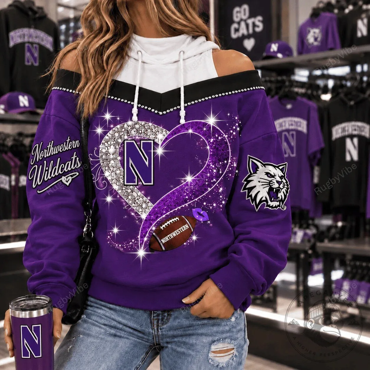 Northwestern Wildcats Football Heart Diamond Sparkle Purple Hoodie