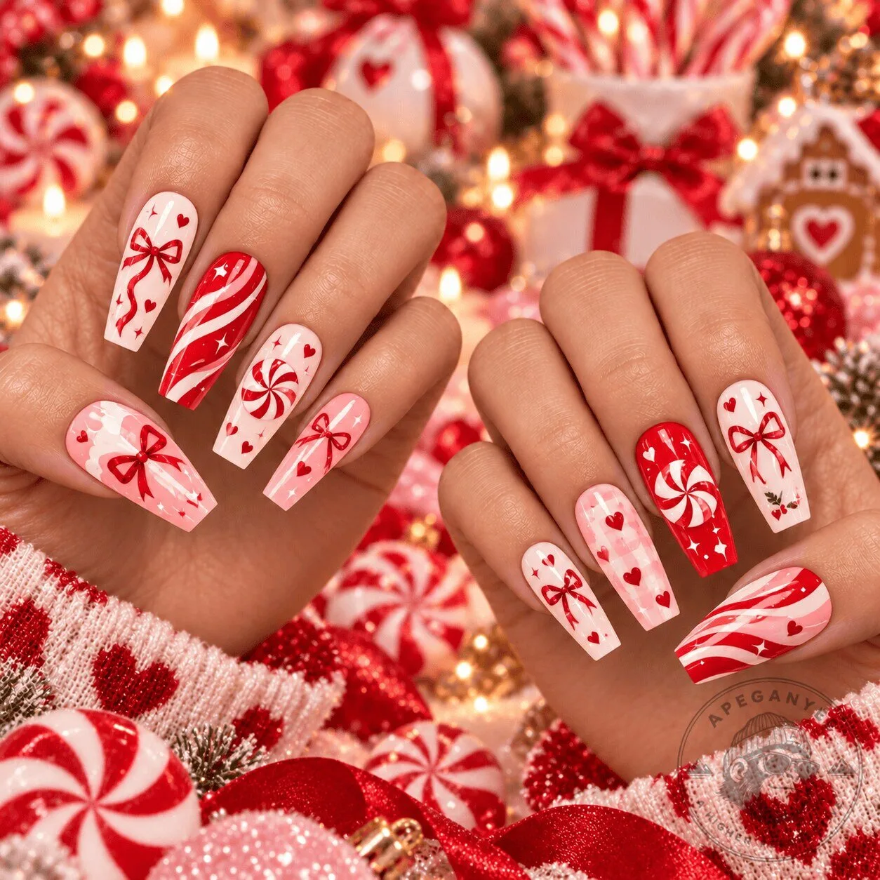 Peppermint Bow Coquette Press-On Nails Set for Christmas