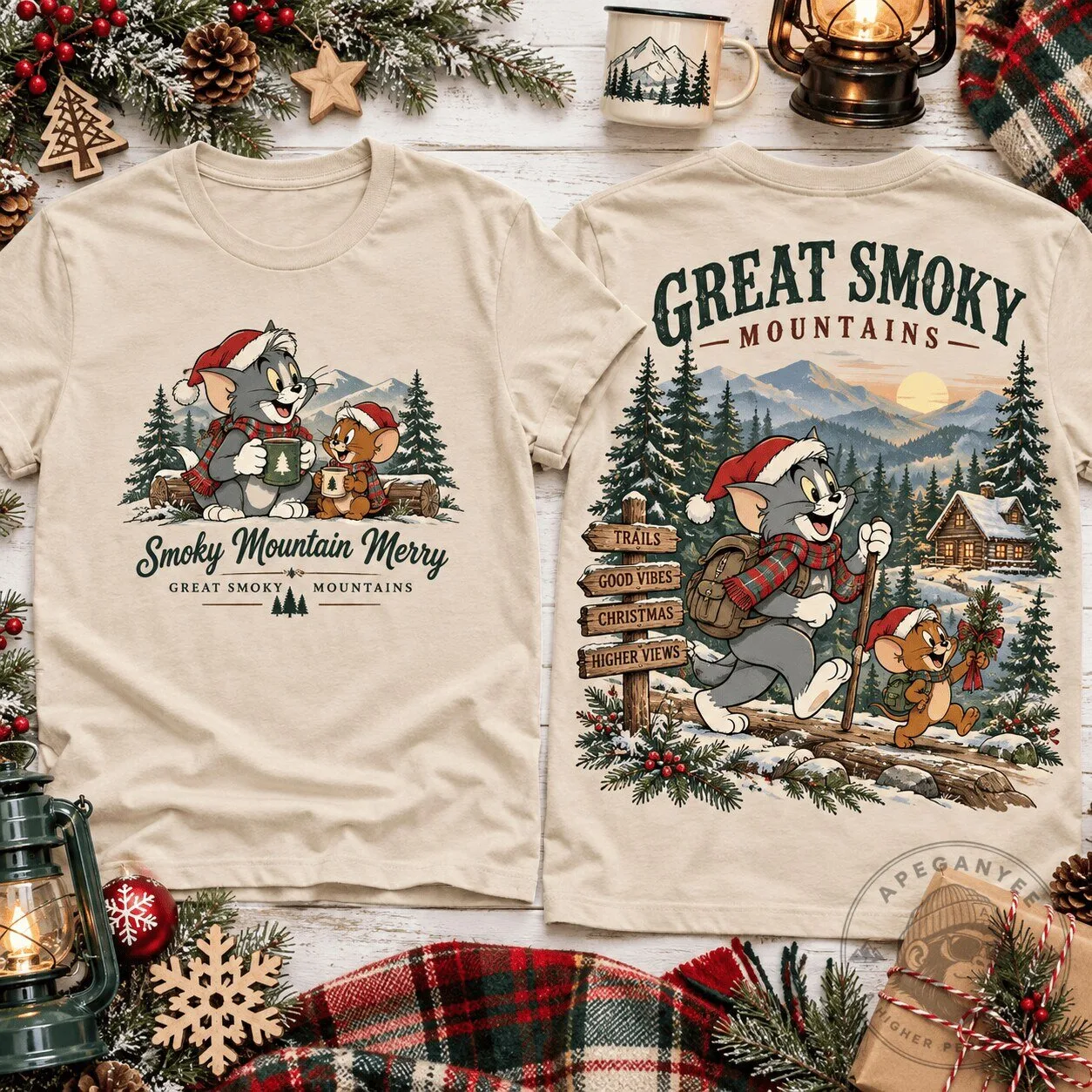 Great Smoky Mountains Tom and Jerry Merry Christmas Holiday T-Shirt