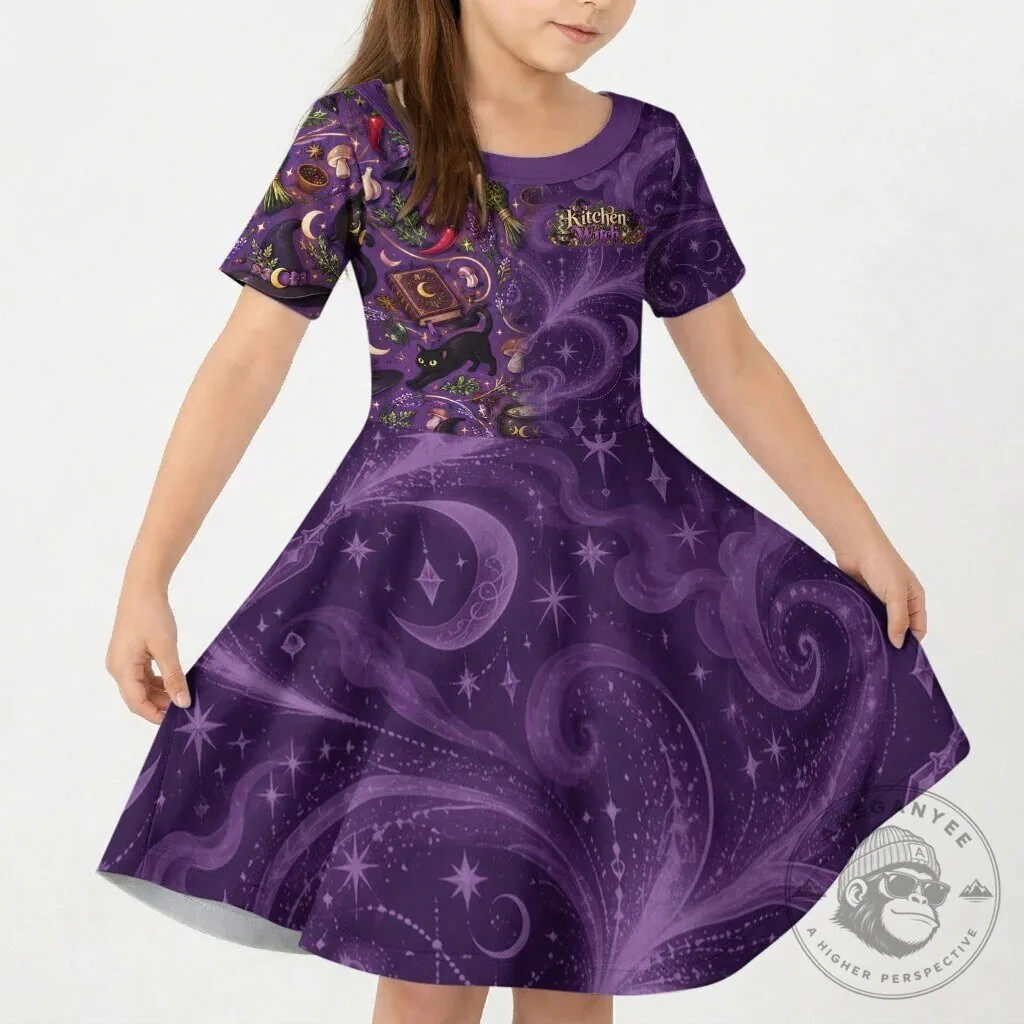 Mystical Kitchen Witch Kids Short Sleeve A-Line Dress with Black Cat and Herbs