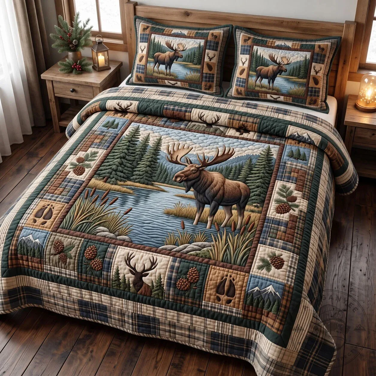Rustic Moose Lake Scene Quilted Bedding Set with Pillow Shams