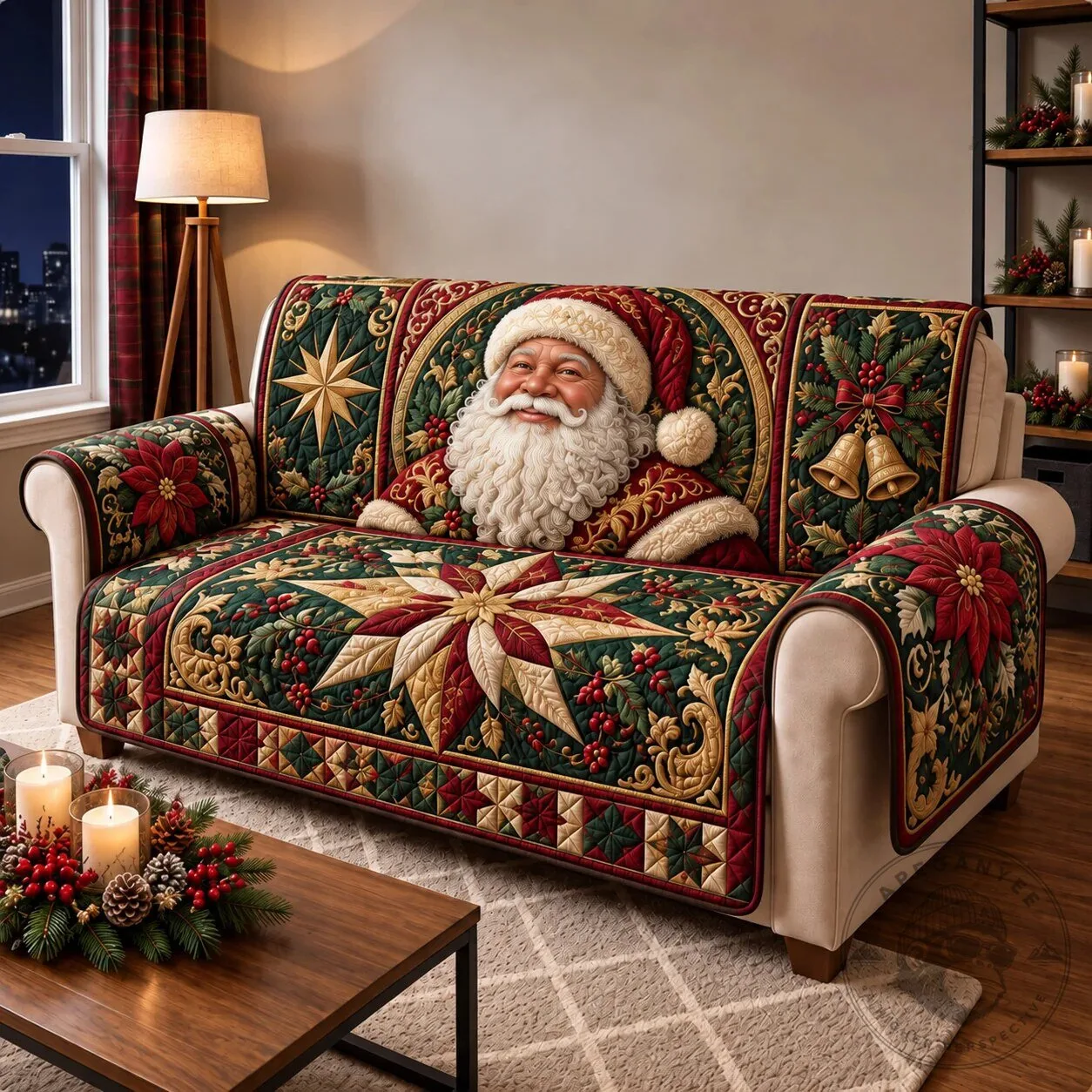 Classic Santa Claus Christmas Star Quilted Sofa Cover for Living Room Decor