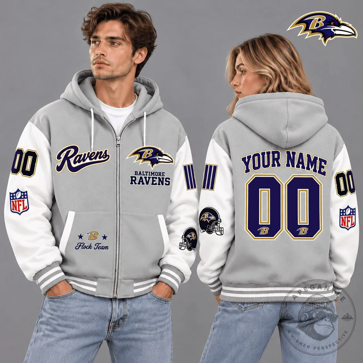 Baltimore Ravens NFL Vintage Varsity Gray Custom Name Number Full-Zip Hoodie