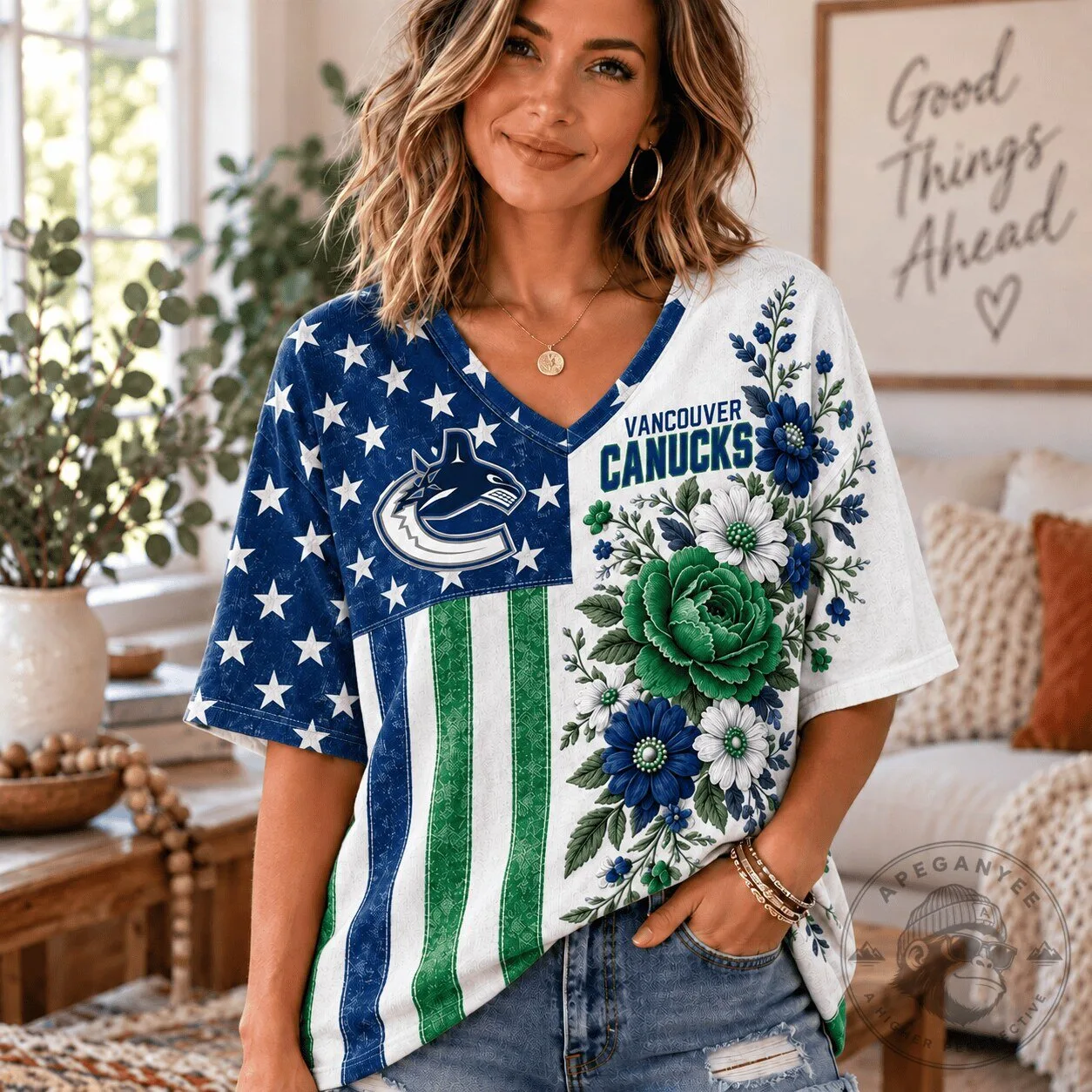 Vancouver Canucks NHL Fan Shirt Women’s V-Neck Patriotic Floral T-Shirt