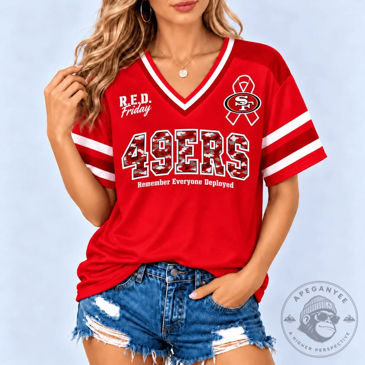San Francisco 49ers R.E.D. Friday Remember Everyone Deployed Women's V-Neck T-Shirt