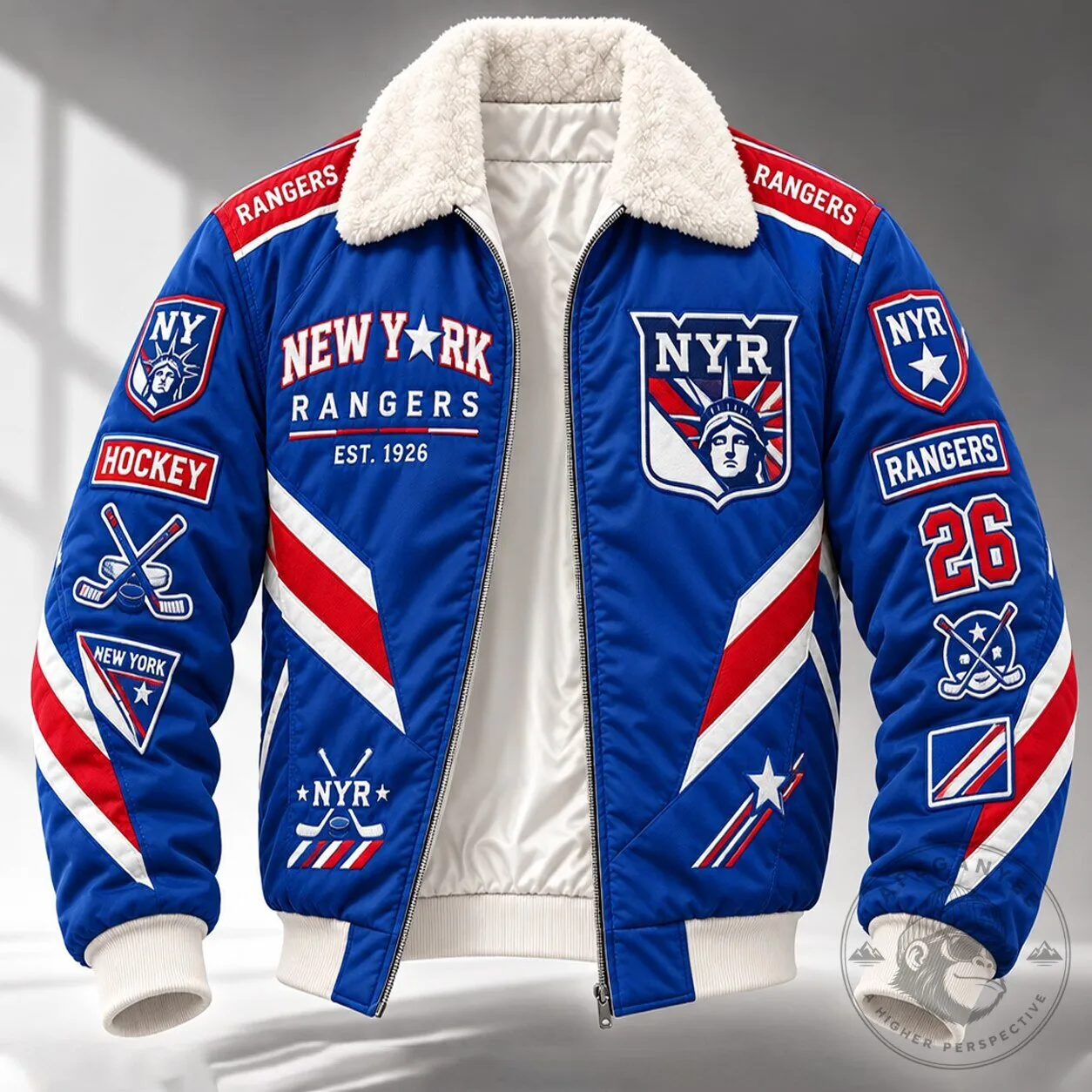 New York Rangers Hockey Team Blue Bomber Jacket With Plush Collar 1 New York Rangers Hockey Team Blue Bomber Jacket With Plush Collar