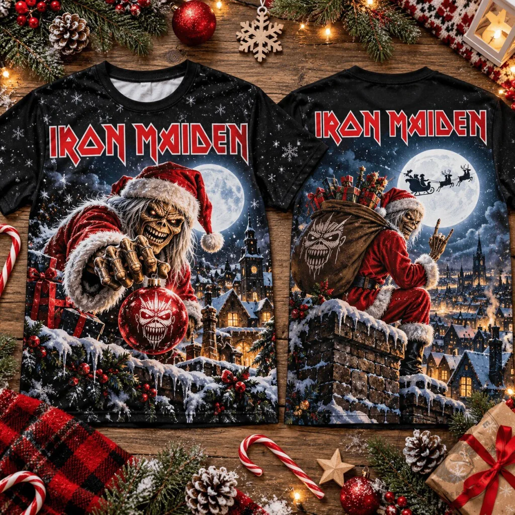 Iron Maiden Santa Eddie Christmas Moonlit Winter Town Graphic T-Shirt Iron Maiden Santa Eddie Christmas Moonlit Winter Town Graphic T-Shirt