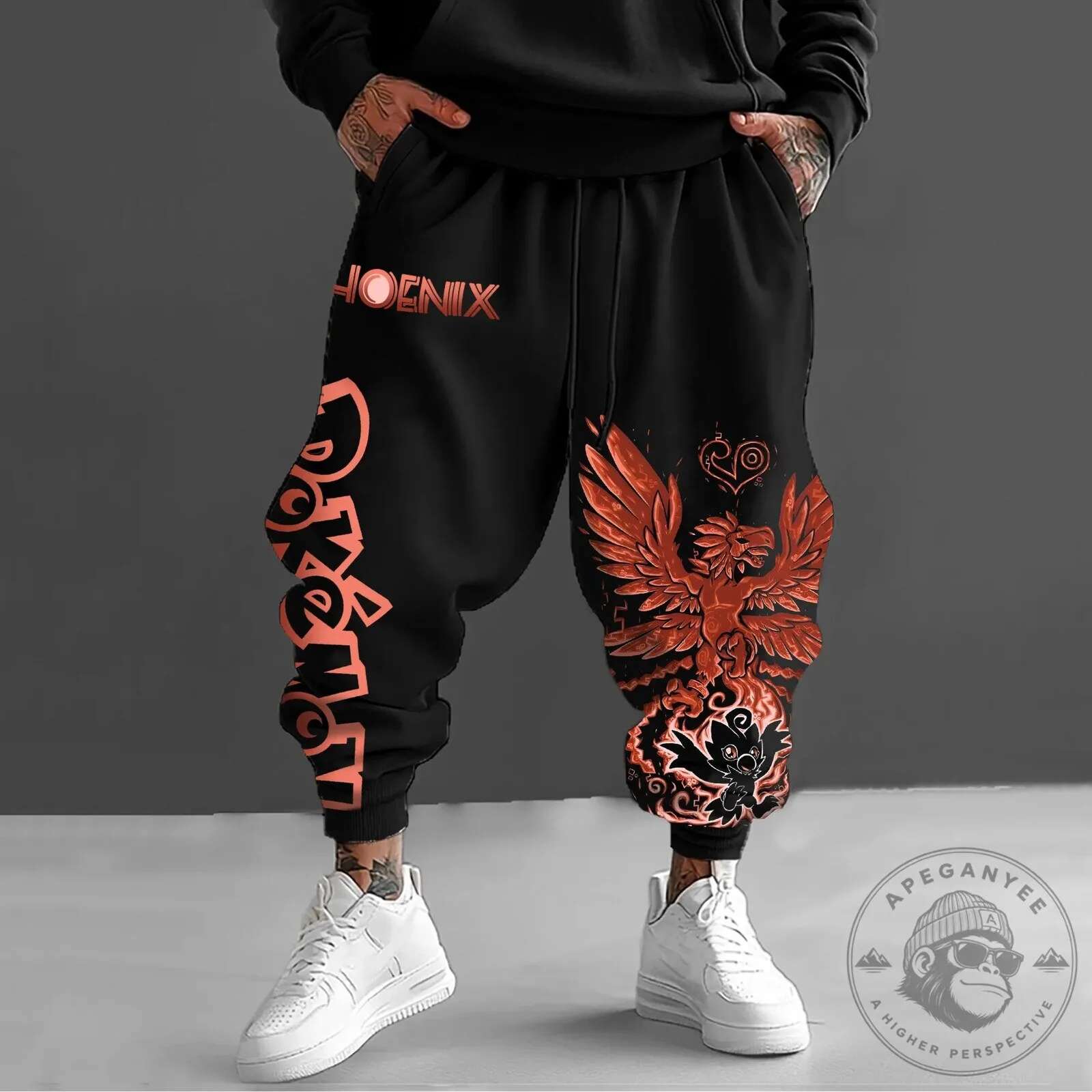 Phoenix Bird Graphic Print Black Harem Style Jogger Pants