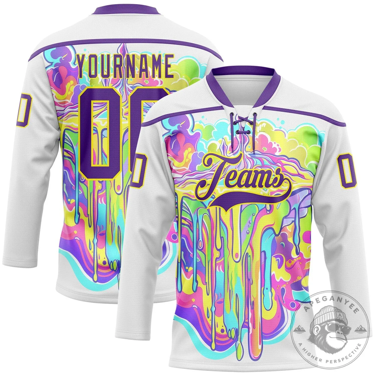 Customizable Psychedelic Paint Drip White Hockey Jersey with Lace Neck