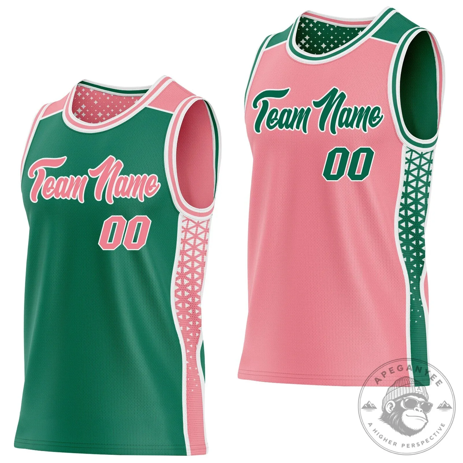 Custom Reversible Basketball Jersey with Pink and Green Geometric Side Panels