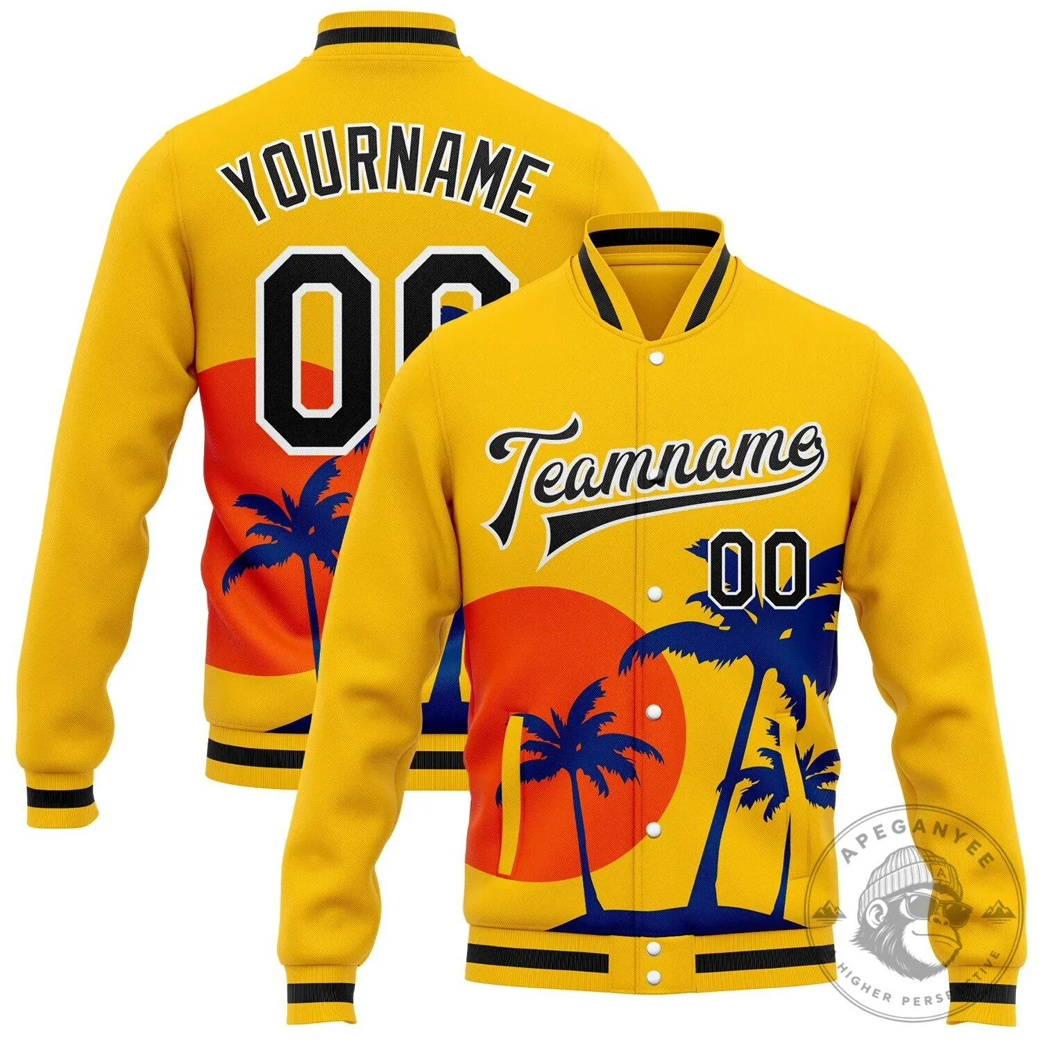 Customizable Palm Trees Sunset Gold Black White Varsity Bomber Jacket
