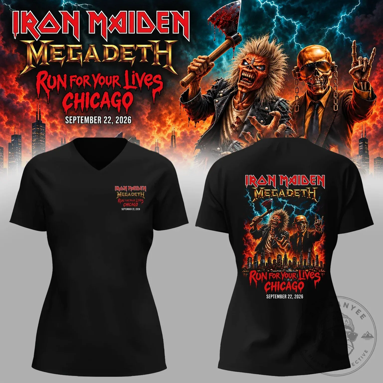 Chicago 2026 Concert V-Neck T-Shirt for Iron Maiden and Megadeth's Run For Your Lives