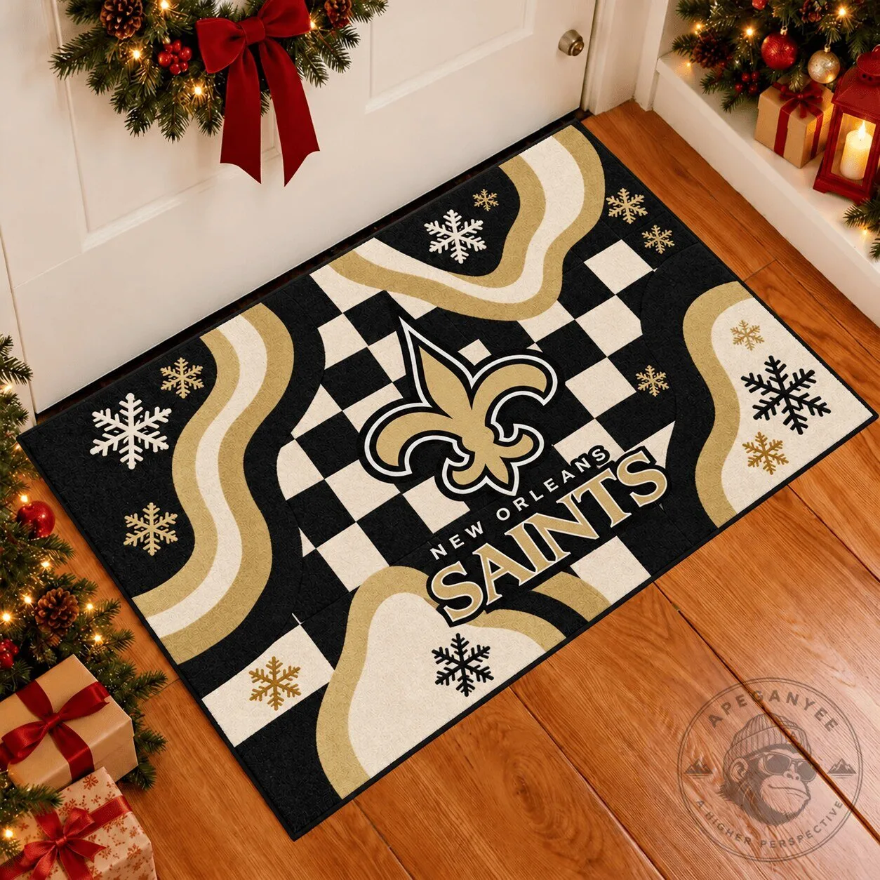 New Orleans Saints NFL Christmas Snowflakes Checkered Doormat