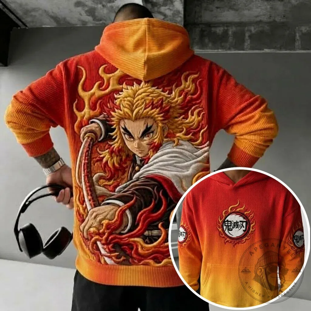Demon Slayer Rengoku Kyojuro Flame Hashira Anime Embroidered Corduroy Hoodie